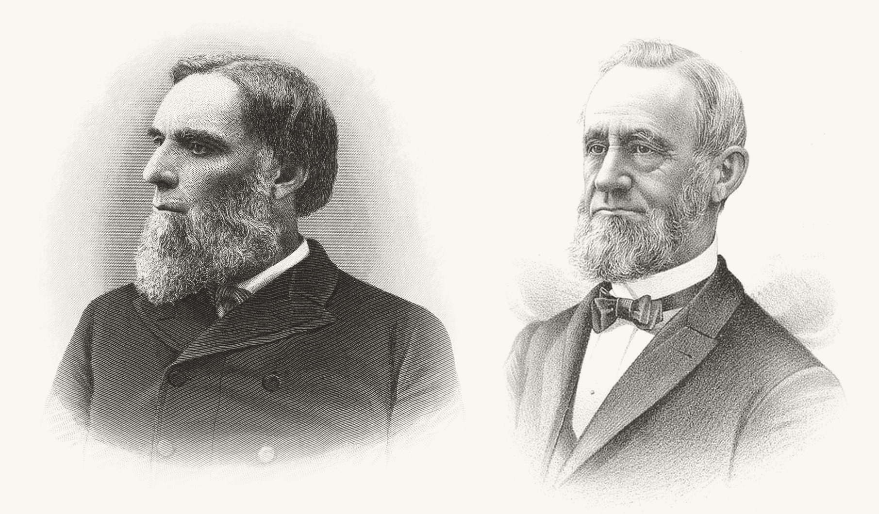 Two nineteenth-century engraved portraits side by side, both bearded men in dark coats, facing slightly away from one another.